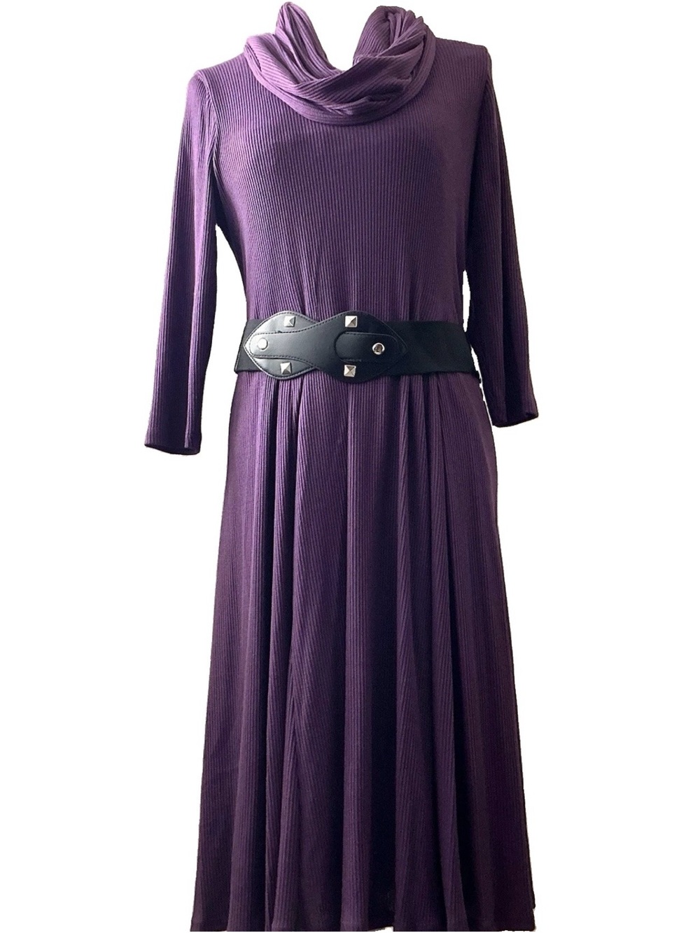 Vintage 90s Robbie Bee Purple Ribbed Knit Midi Dress Size L Black Belt Retro